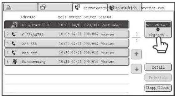 Faxvorgansky anZruckjob Internet-Fax Adresee Zeit setzen Seiten Status Broadcast0001 10:00 04/01 020/03 Verbindes 2 0123456789 10:05 04/01 000/004 Narten 3 AAA AAA 10:22 04/01 000/004 Narten 4 BBB 225 10:30 04/01 000/010 Narten 5 Rundsenzung 10:33 04/01 000/010 Narten Abgeschl. Detail Pris-Plas Stopp/16ach