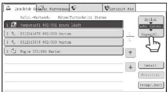 Druckjob Sotakat Faxvorgang Internet-Fax Auftr.-Kartesch. Sätze/Fortschritt Status 1 Computer01 002/001 Druck läuft 2 % 0112345678 002/000 Marten 3 % 0112345678 002/000 Marten 4 Kople 332/000 Kartes Spulon Auto. martsch. Abgeschl. Detail Priorität Stopp/_backt