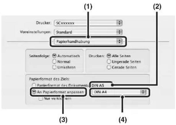 (1) Drucker: SCxxxxxx Voreinstellungen: Standard Papierhandhabung Seitenfolge: Automatisch Normal Umkehren Drucken: Alle Seiten Ungerade Seiten Gerade Seiten Papierformat des Ziels: Papierformat des Dokuments DIN A5 An Papierformat anpassen DIN A4 Nur verkliertern (2) (3) (4)