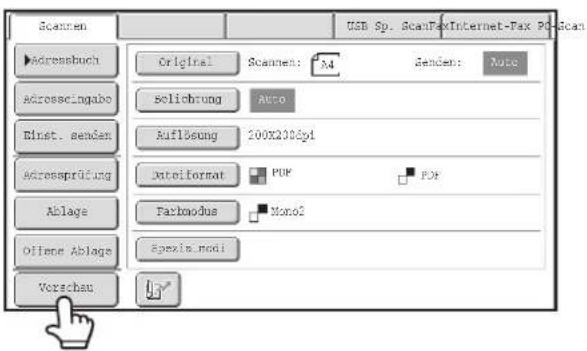 Scanen Adressbuch Adreesscingabo Binst. senden Adressprüfung Ablage Offene Ablage Vorschau Original Scanen: M4 Senden: Auto Solichung Auto Auflösung 200X210Gyd AutoFormat POP POP Parkmodus Mono2 Spezeln modi USB Sp. ScanFax Internet-Fax Pi-Scan