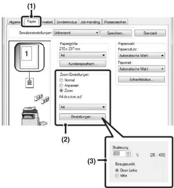 (1) Algeme Papier nweitet Sondemodus Job-Handling Wasserzeichen Benutzordinstellungen: Unbenannt Speichem... Standard Papiergröße 210 x 297 mm. A4 Kundenspezifach... Zoom-Einstellungen Normal Anpassen Zoom A4 drucken auf A4 Einstellungen... Papierwahl Paperzufuhr: Automatische Wahl Papercrt: Automatische Wahl Schachtstatus... (2) (3) Skalierung 100% [25, 400] Bezugspunkt Obon Links Vitte