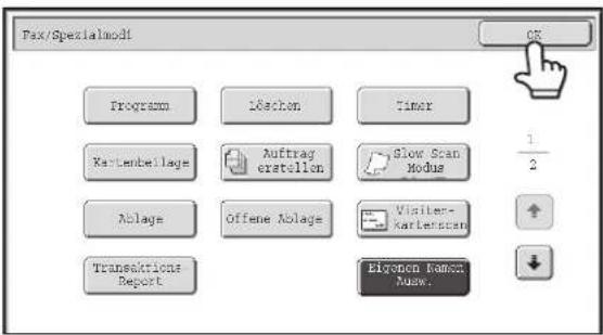 Fax/Spenzialmodi Programm 10echon Timer Kartenbeilage Auftray erstellen Slow Scan Modus Ablage Offene Ablage Visiter-Karlererzen Transaktions Report Eigonen Komot Musw. OK 1/2