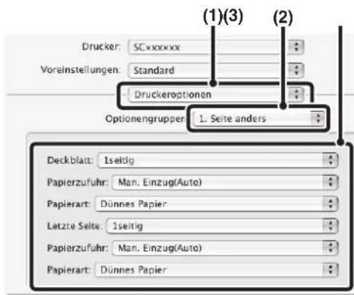 Drucker: SCxxxxxx Voreinstellungen: Standard Druckeroptionen Optionengrupper 1. Seite anders Deckblatt: 1seitig Papierzufuhr: Man. Einzug(Auto) Papierart: Dünnes Papier Letzte Seite: 1seitig Papierzufuhr: Man. Einzug(Auto) Papierart: Dünnes Papier