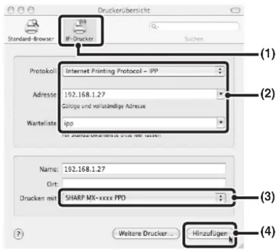Druckerübersicht Standard-Browser IP-Drucker Suchen Protokoll Internet Printing Protocol - IPP Adresse 192.168.1.27 Gültige und vollständige Adresse Warteliste ipp Für standard Warteliste für nicht lassen Name: 192.168.1.27 Ort: Drucken mit SHARP MX-xxxx PPD Weitere Drucker... Hinzufügen (1) (2) (3) (4)