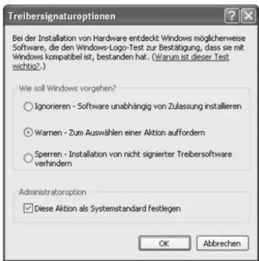 Treibersignaturoptionen Bei der Installation von Hardware entdeckt Windows möglicherweise Software, die den Windows-Logo-Test zur Bestätigung, dass sie mit Windows kompatibel ist, bestanden hat. ('Warum ist dieser Test wichtig?') Wie soll Windows vorgehen? ○ Ignorieren - Software unabhängig von Zulassung installieren ○ Warnen - Zum Auswählen einer Aktion auffordern ○ Sperren - Installation von nicht signierter Treibersoftware verhindern Administratoroption ✓ Diese Aktion als Systemstandard festlegen OK Abbrechen