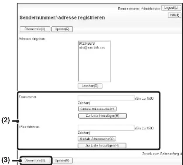 Sendernummer/-adresse registrieren Übermitteln(U) Update(R) Adresse eingeben: 012345678 abc@aaa.bbb.ccc Loschen(D) Faxnummer: Zeichen (Bis zu 1500 Globala. Adressauche(Y) Zur Liste hinzufügen(H) i-Fax-Adresse: Zeichen (Bis zu 1500 Globala. Adressauche(Y) Zur Liste hinzufügen(H) Übermitteln(U) Update(R) Zurück zum Seitenanfang A