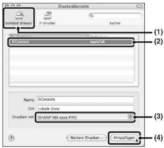 Druckerübersicht Standard-Browser IP-Drucker Suchen (1) (2) SCxxxxxx AppleTalk Name: SCxxxxxx Ort: Lokale Zone Drucken mit SHARP MX-xxxx PPD (3) (4) Weitere Drucker... Hinzufügen