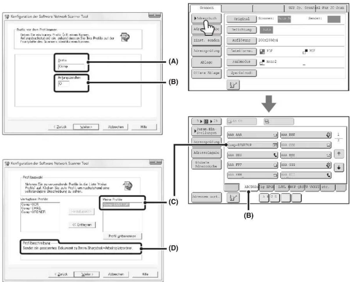 Konfiguration der Software Network Scanner Tool Profile vor dem Profilingen Deben Sie ein kurzes Profile (züb einen Namen, Anfangsachotab und ein anhand dessen Sie Tera Profile auf der Prontalte des Scanners identifizieren können. Bretix Comp Anfangszeichen 0 (A) (B) < Zurück Weiter > Abbrechen Hife Scannen Original Scanen: Auto Av Senden: Adressbuch Adressange Einst. senden 200x2000dpi Adressprüfung Dateiforma: PDF PDF Ablage Parkmodus Mono2 Offere Ablage Specialmodi 5 ▶ 10 ▶ 15 Param. Ein Stellungen AAA AAA AAA BBB 1 Adressprüfung Comp-DBSETOP AAA CCC Adressingabe AAA DUC AAA BEE Globalis AAA PFF7 AAA GGS AAA FHH AAA ITT ABCDUÄKÜG EPGH LUKL HDCP ORSTU VWXYZ etc. Adressen dort. A B C B (B) Konfiguration der Software Network Scanner Tool Profitauswahl Nehmen Sie zu verwendende Profile in die Liste 'Keine Profile' auf. Klicken Sie aufe Profit, um nachstahend eine vollstandagere Beschreibung zu sehen. Verfügbare Profile: Comp-OCR Comp-EMAIL Comp-ORDNER Hinsfußene> CC Entfagen Meme Profile Cohne Desktop (C) Profilbeschreibung Sendet ein gesamtes Dokument zu Bram Sharpdesk-Arbeitsplatzordner. (D) < Zurück Weiter > Abbrechen Hife