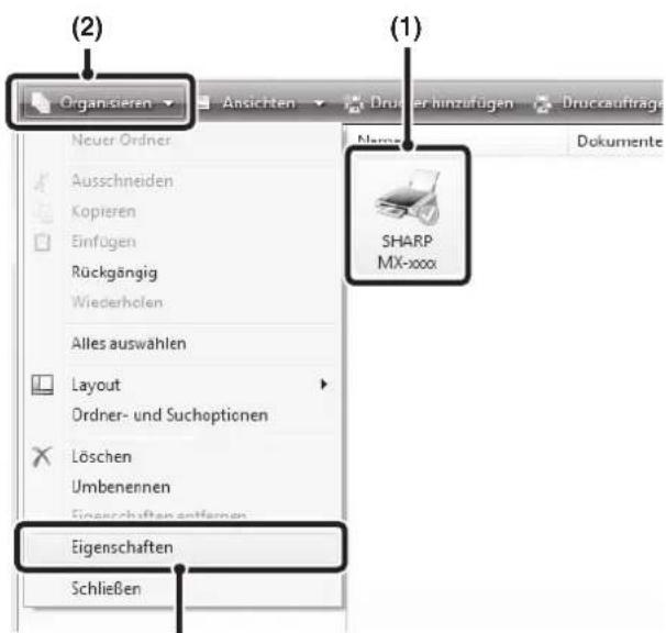 (2) Organistieren Ansichten Druker hinzufügen Druckaufträge Neuer Ordner Ausschneiden Kopieren Einfügen Rückgängig Wiederholen Alles auswählen Layout Ordner- und Suchoptionen Löschen Umbenennen Eigenschaften entfernen Schließen (1) Dokumente SHARP MX-xxx