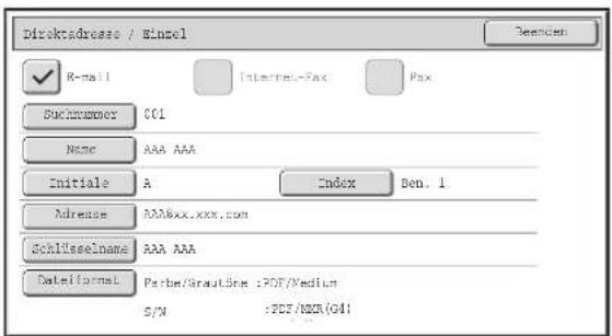 Direktadress / Einzel R-mail Interne-Fax Pax Suchnummer C01 Name AAA AAA Initiale A Index Den. 1 Address AAA8xx.xxx.com Schlüsselname AAA AAA Dateiformt Parbe/Grault.de:$PDF/Medium S/N :$PDF/MBR(G4)