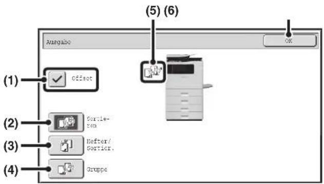 (1) Offset (2) Sortielen (3) Hefter/ Sortier. (4) Gruppe (5) (6) Ausgabe OK