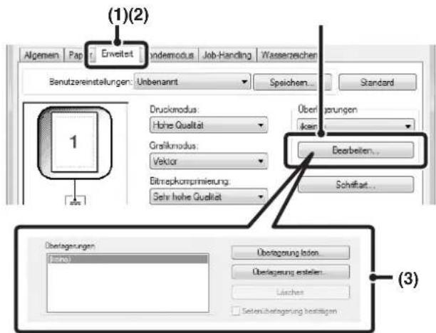 (1)(2) Algemein Pap Erweitet Indemodus Job-Handling Wasserzeichen Benutzereinstellungen: Unbenannt Speichem... Standard Druckmodus: Höhe Quellität Gräfikmodus: Vektor Bitraphkomprimierung: Sehr hohe Quellität Obertragungen kein Bearbeiten... Schriftart... Übertragung latent. Übertragung erstellen. Lüchtes Selenübertragung bestätigen (3)