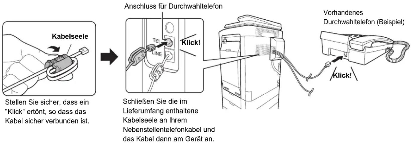 Kabelseele Anschluss für Durchwahltelefon Stellen Sie sicher, dass ein "Klick" ertönt, so dass das Kabel sicher verbunden ist. Schließen Sie die im Lieferumfang enthaltene Kabelseele an Ihrem Nebenstellentelefonkabel und das Kabel dann am Gerät an. Vorhandenes Durchwahltelefon (Beispiel) Klick!