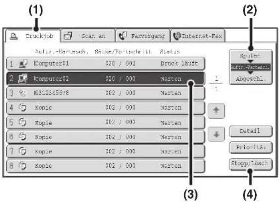 (1) Druckjob Scan an Faxvorgang Internet-Fax AuLr.-Wertlesch. Säuse/Fortschritt Status (2) 1 Computer01 020 / 001 Druck läuft 2 Computer02 020 / 000 Warten 3 M032545678 002 / 000 Warten 4 Kopic 002 / 000 Warten 5 Kopic 002 / 000 Warten 6 Kopic 002 / 000 Warten 7 Kopic 002 / 000 Warten 8 Kopic 002 / 000 Warten (3) (4) Spoiler AuR.-Wertesch. Abgoschl. Detail Priorities Stopp-/Close