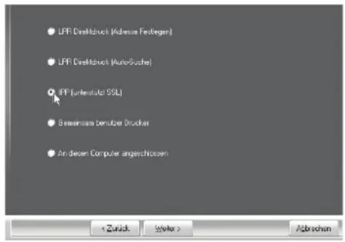 LFR Directktruck (Adresse Festlegen) LFR Directktruck (AutoSuche) LFP (unrealizul SSL) Bewinnam Benüber Drucker An diesen Computer angeschlossen Abbrechen