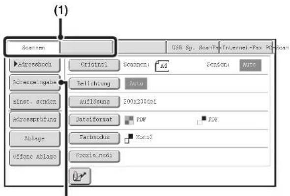 (1) Scanen Original Scanen: AI Sensort Auto Addressbuch Addressingabe Binst. schon adressprüfung Ablage Offene Ablage Bellichtung Auto Auflösung 200x230dpi Datelformat PDF PDF Tarbmodus Mono2 Spezialmodi