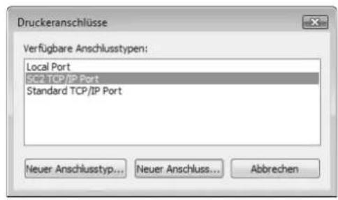 Druckeranschlüsse Verfügbare Anschlusstypen: Local Port SC2 TCP/IP Port Standard TCP/IP Port Neuer Anschlusstyp... Neuer Anschluss... Abbrechen