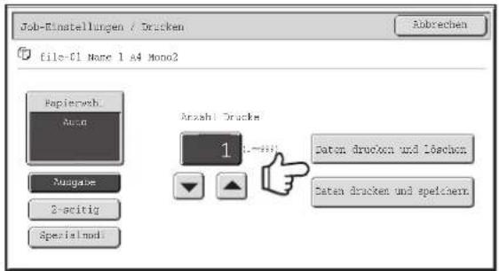Job-Einstellungen / Drucken file-01 Name 1 a4 Mono2 Abbrechen Papierweb. Auss Anzahl Drucke: 1 Nusgabe 2-ocitig Specialmod Caten drucken und Lösechon. Caten drucken und speichern.