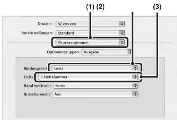 (1) (2) Drucker: SCxxxxxx Voreinstellungen: Standard Druckeroptionen Optionengruppen: Ausgabe Bindungszeit Links Heftel 1 Heftklammer Rand wechsel: Keine Broschürenstil: Aus