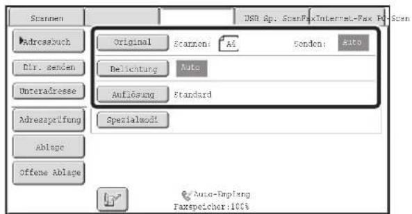 Scannen Adressbuch Dir. senden Unteradresse Adressprüfung Ablage Offene Ablage Original Scannen: AI Senden: Auto Delicierung Auto Auflösung Standard Spezialmodi Auto-Empfang Faxspeicher:100%