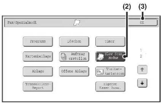 Fax/Spezialmodi Program Löschon Timer Kartenbeilage Auftrag erstellen Slow Scan Modus Ablage Offene Ablage Viallet-kartenscen Transaktions-Report. sigener Kämer Auw. (2) (3) OK