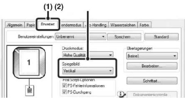 (1) (2) Algemein Papis Erweiter undermodus > Handling Wasserzeichen Farbe Benutzereinstellungen Unbenannt Spechen Standard Druckmodus: Hehe Qualität Spiegelbild Vertikal PostScript Optionen PS-Fehlerinformationen PS-Durchgang Überlagerungen (keine) Bearbeiten... Schriftat... Documentericontrole