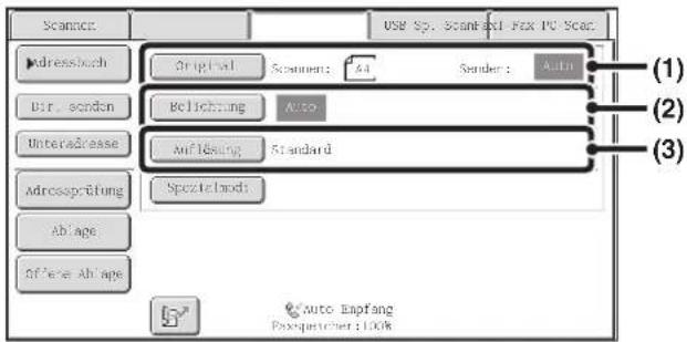 Scanner: Original Sender: 44 Sender: Auto (1) (2) (3) Addressbuch Utr. senden Enteradresse Aufleasing Standard Adressprüfung Ablage Offense Ablage Auto-Bmpfang Fax quinster: LOCK