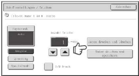 Job Finstellungen / Drücken File-01 Name 1 A4 E Farbo Abbrachen Papierwoh Auto Anzahl Druckel 1.0 mmH davon drucken und Löschen Davon drucken und spichern Mergate 2-schitig Specialmach S/W Druck