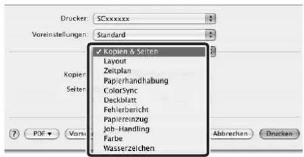 Drucker: SCxxxxxx Voreinstellungen: Standard Kopien & Seiten Layout Zeitplan Papierhandhabung ColorSync Deckblatt Fehlerbericht Papiereinzug Job-Handling Farbe Wasserzeichen