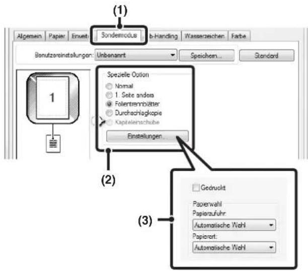 (1) Sondesmodus b-Handling Wasserzeichen Farbe Algemein Papier Erweit Benutzereinstellungen: Unbenannt Speichem... Standard Spezielle Option Normal 1. Seite anders Folentrennbätter Durchsachgkopie Kapitelerinschube Einstellungen... (2) Gedruolit Paperwahl Papierzufuhr Automatische Wahl Papierart: Automatische Wahl (3)