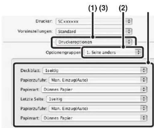 Drucker: SCxxxxxx Voreinstellungen: Standard Druckeroptionen Optionengruppen 1. Seite anders Deckblatt: 1seidig Papierzufuhr: Man. Einzug(Auto) Papierart: Dünnes Papier Latzte Seite: 1seitig Papierzufuhr: Man. Einzug(Auto) Papierart: Dünnes Papier