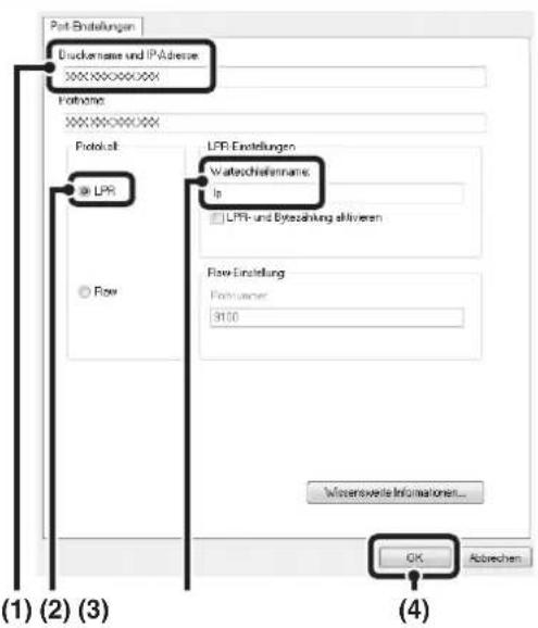 Port Einstellungen Druckname und IP-Adresse: XXXXXX Porthome: XXXXXX Protokalt LPR Flow LPR Einstellungen Wateschleifennar: In LPR- und Bytezahlung aktivieren Raw Einstellung Portugener: 3100 Waterswerte Informationen... OK Abwechen (1) (2) (3) (4)