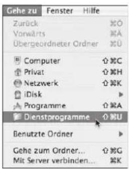 Gehe zu Fenster Hilfe Zurück Vorwärts Übergeordneter Ordner Computer Privat Netzwerk iDisk Programme Dienstprogramme Benutzte Ordner Gehe zum Ordner... Mit Server verbinden... 介架U 介架G 介架K