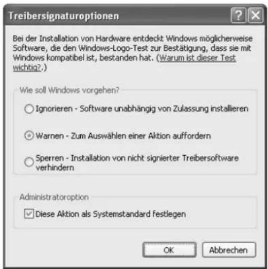 Treibersignaturoptionen Bei der Installation von Hardware entdeckt Windows möglicherweise Software, die den Windows-Logo-Test zur Bestätigung, dass sie mit Windows kompatibel ist, bestanden hat. (Warum ist dieser Test wichtig?) Wie soll Windows vorgehen? ○ Ignorieren - Software unabhängig von Zulassung installieren ○ Warnen - Zum Auswählen einer Aktion auffordern ○ Sperren - Installation von nicht signierter Treibersoftware verhindern Administratoroption ✓ Diese Aktion als Systemstandard festlegen OK Abbrechen