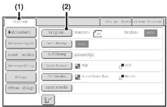 (1) (2) Scanen Uss sp. Sotmical-Fox Fc-Scan Original Scanen: A4 Scnden: Auto Selflichting Auto Auflässung 200x200dpi System format PDF EOP Auto/Grand Blue Mono3 Offenc ablage Spezialmedi