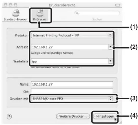 Druckerübersicht Standard-Browser: IP-Drucker Suchen Protokoll Internet Printing Protocol - IPP Adresse 192.168.1.27 Götige und vollständige Adresse Warteliste ipp For standard warteliste wurde nicht lassen Name: 192.168.1.27 Ort: Drucken mit SHARP MX-xxxx PPD Weitere Drucker... Hinzufügen (1) (2) (3) (4)