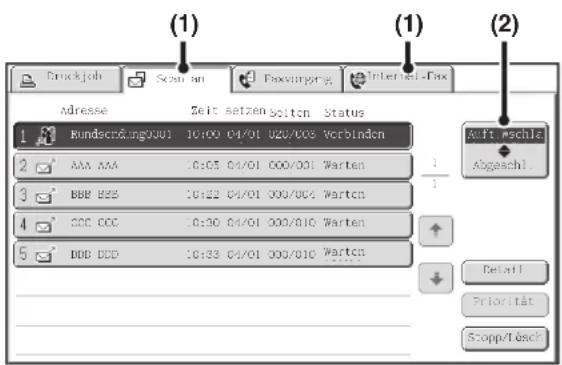 (1) (1) (2) Duckjob Scan an Faxvanying Internet-Fax Adresse Zeit setzen Solton Status 1 Rundschlag001 10:00 04/01 020/003 Vorbinden 2 AAA AAA 0:05 04/01 000/001 Warten 3 BBB BSS 10:22 04/01 000/004 Warten 4 CCC DCC 0:30 04/01 000/010 Warten 5 DDB DCD 10:33 04/01 000/010 Warten Aftt. schla. Abgeschl. Delatil Priorität Stopp/Töck