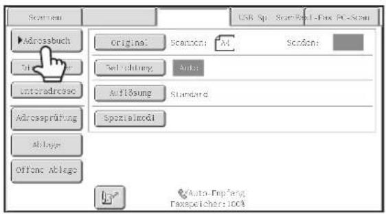 Scan menu Add crossbuch Set up Enteradressco Add orssprüfung Aklage offone ablage Original Scanout: M4 Scanout: Self-richtung Auto- Auflösung Standard Spezialmodi Auto-Fopfang. Faxspicher: 100% Auto-Fopfang. Faxspicher: 100%