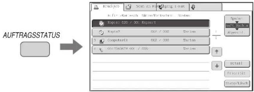AUFTRAGSSTATUS Druckloo Scan an Fandlgang 1-haz Auftragsch. Sätze/Fortschritt Status Kopier €20 / D01 Kopiert Kopier2 002 / 000 Warten 1 ComputerCI 002 / 000 Warten 0419345678 001 / 000 Warten Spilien kurt,nschla Abgeschl. Detail Priorität Stung/Flüch