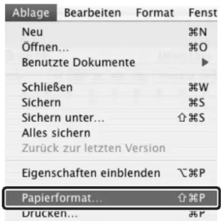 Ablage Bearbeiten Format Fenst Neu ⌘N Öffnen... ⌘O Benutzte Dokumente ► Schließen ⌘W Sichern ⌘S Sichern unter... ⏻ ⌘S Alles sichern Zurück zur letzten Version Eigenschaften einblenden ⏱ ⌘P Papierformat... ⏱ ⌘P Drucken... ⌘P