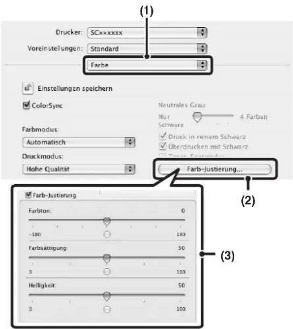 (1) Drucker: SCxxxxxx Voreinstellungen: Standard Farbe Einstellungen speichern ColorSync Neutrales Grau: Nur Schwarz 4 Farben Farbmodus: Automatisch Druckmodus: Hohe Qualität Farb-Justierung... (2) Farb-Justierung Farbton: 0 -180 180 Farbsättigung: 50 0 100 Helligkeit: 50 0 100 (3)
