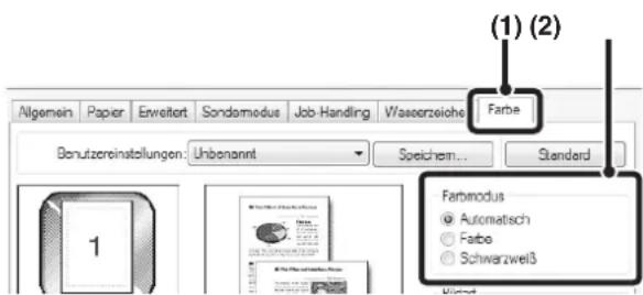 Allgemein Papier Erweitert Sondemodus Job-Handling Wasserzeiohe Farbe Benutzereinstellungen: Unbenannt Speichem... Standard Farbmodus Automatisch Fabe Schwarzweiß