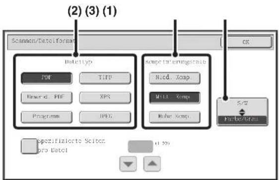 (2) (3) (1) Scannen/Data format Date1 typ PDF TIFF Unwcr. PDF XPS Programm JPEG Kompri t' umingrisib Nled. Xamp M-LL Xomp Hube Xomp. S/W Farbe/Grat Spezifizierte Sciter Pro Datal (1:29)