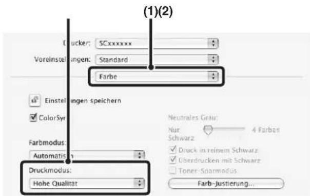 (1)(2) Drucker: SCxxxxxx Voreinstellungen: Standard Farbe Einstellungen speichern ColorSync Farbmodus: Automatisch Druckmodus: Hohe Qualität Neutrales Grau: Nur 4 Farban Schwarz Druck in reinem Schwarz Überdrucken mit Schwarz Toner-Sparmodus Farb-Justierung...