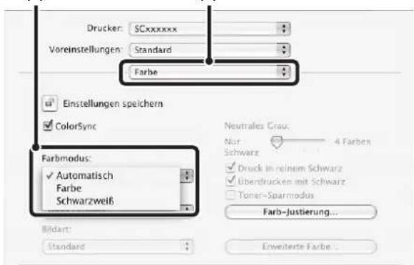Drucker: SCxxxxxx Voreinstellungen: Standard Farbe Einstellungen speichern ColorSync Farbmodus: ✓ Automatisch Farbe Schwarzweiß Bildart: Standard Neutrales Grau. Nur 4 Farben Schwarz ✓ Druck in reinem Schwarz ✓ Überdrücken mit Schwarz Toner-Sparmodus Farb-Justierung... Erweiterte Farbe...
