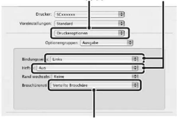 Drucker: SCxxxxxx Voreinstellungen: Standard Druckeroptionen Optionengruppen: Ausgabe Bindungszeit: Links Heft: Aus Rand wechseln: Keine Broschürenstl: Verteilte Broschüre