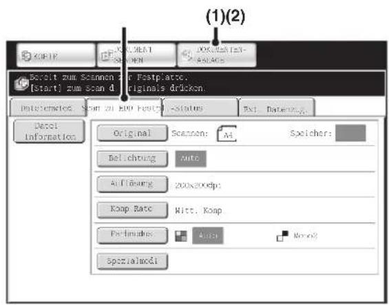 (1)(2) Bereit zum Scannen zur Festpläste. [Start] zum Stand d Originals drücken. Datelictwlos: Son zu EUP Festpil -Status Tx1. Daten: A: Derel Information Original Scannen: A4 Speichers: Belichtung Auto Aflösung 200x200dpi Koop Rate Witt, Koap Festinisches Ausl Nono? Spezialmodi
