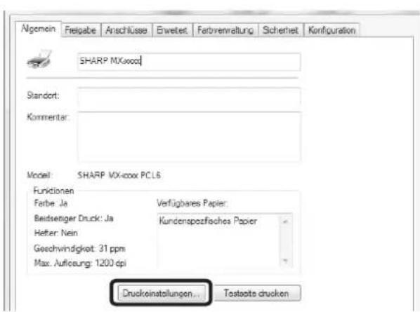 Algomoin Freipabe Anschlüsse Ewetet Fertverwaltung Sicherheit Koriffiguration SHARP MXxxcol Standort: Kommentar: Model: SHARP MX-coxx PCL6 Funktionen Farbe: Ja Verfügbares Papier: Beidseriger Druck: Ja Kundenspezifachea Papier Hefter: Nein Geschwindigkeit: 31 ppm Max. Auflicung: 1200 dpi Druckeinstellungen... Testeats drucken