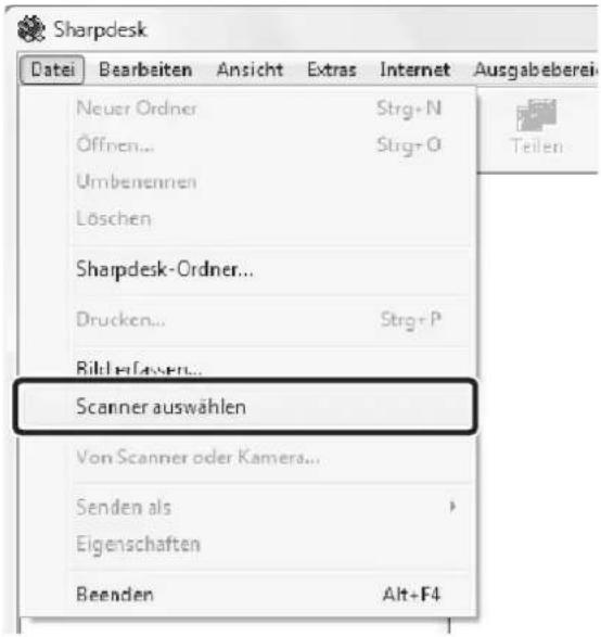 Sharpdesk Datei Bearbeiten Ansicht Extras Internet Ausgabeberei Neuer Ordner Strg+N Öffnen... Strg+O Umbenennen Löschen Sharpdesk-Ordner... Drucken... Strg+P Bildelflavens... Scanner auswählen Von Scanner oder Kamera... Senden als > Eigenschaften Beenden Alt+F4