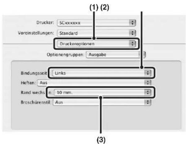 (1) (2) Drucker: SCxxxxxx Voreinstellungen: Standard Druckeroptionen Optionengruppen: Ausgabe Bindungsseit Links Heften: Aus Rand wechs n: 10 mm. Broschürenstil Aus (3)